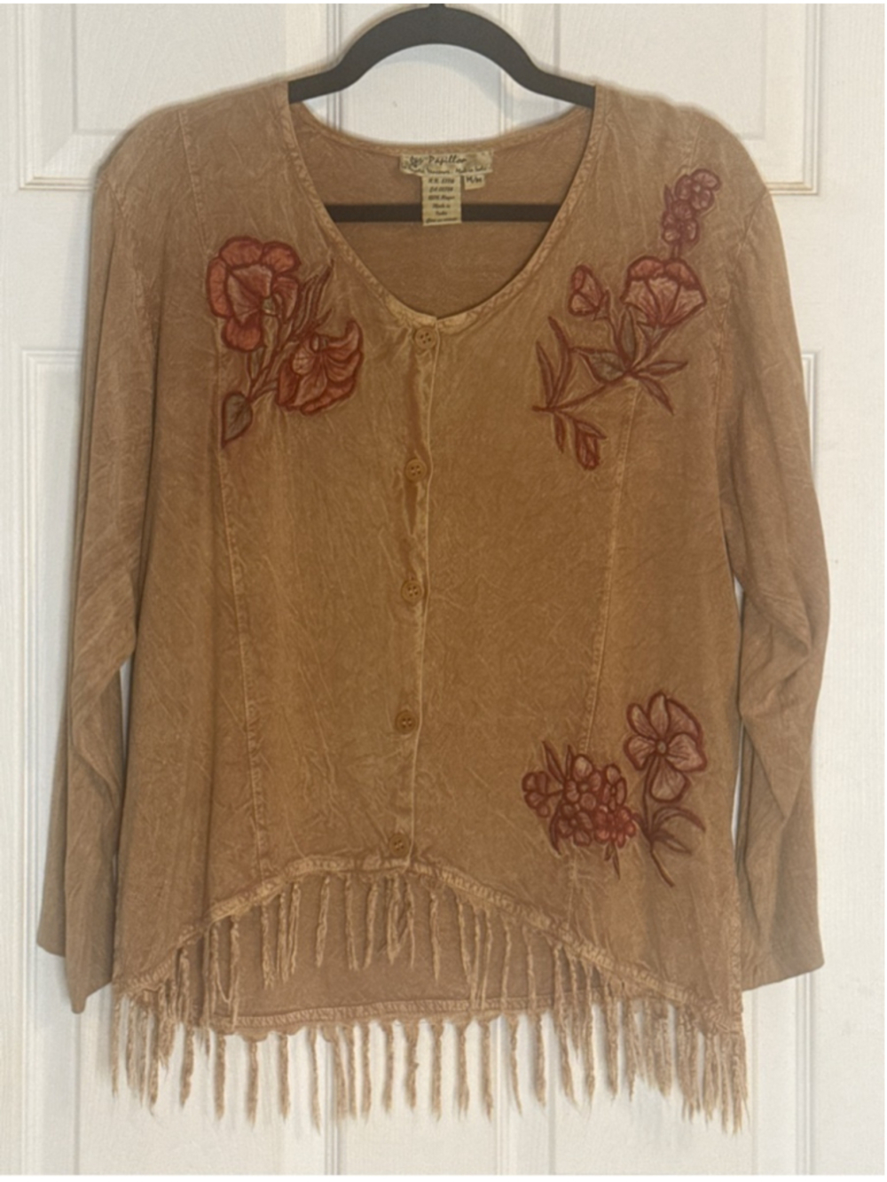 Papillon Brown Embroidered Button Down Shirt M with Red Flowers and fringe